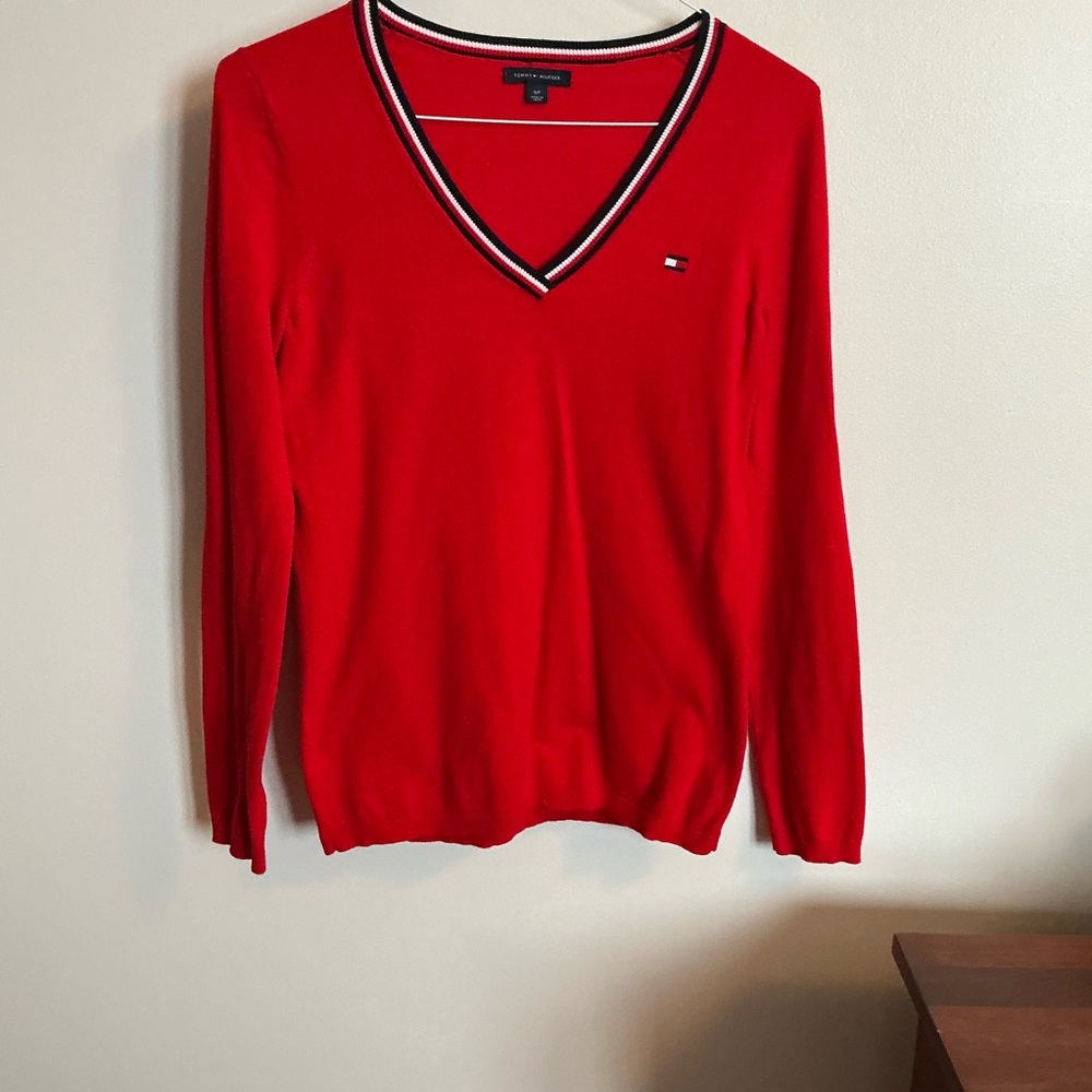 EUC Tommy Hilfiger Red with Black and White Trim V-neck Sweater, Sz S/P